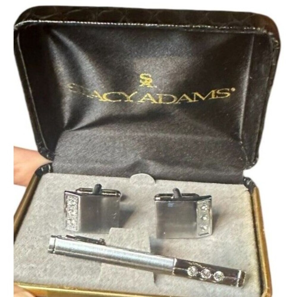 NIB cuff links tie clip set Stacy Adams rhinestones preppy glam quiet luxury